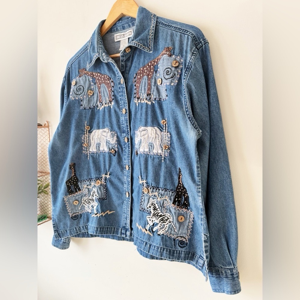VTG Denim Button Down Shirt Cotton Embroidered Safari Giraffe Elephant Zebra M - Picture 6 of 14